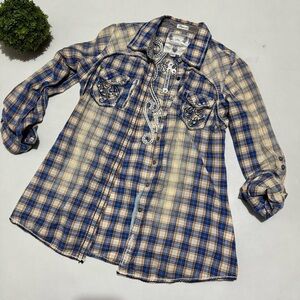 ROAR Plaid Studded Bling Button Front Shirt Large Edgy Punk Goth Faded Bejeweled